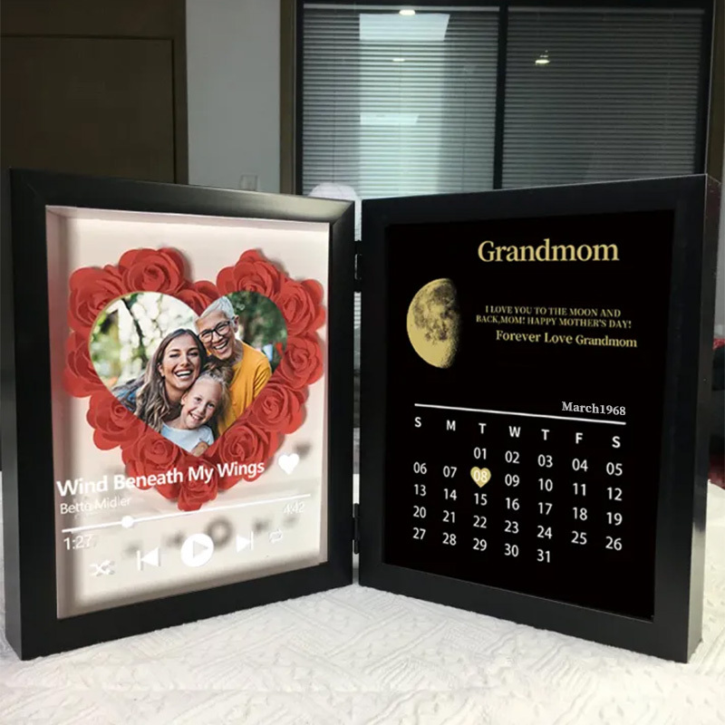 (Heart With Song) Custom Flowers Frame for Mum Grandma with REAL MOON PHASE Calendar-forlovever