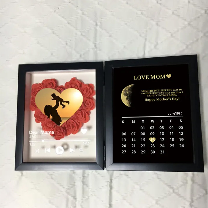(Heart With Song) Custom Flowers Frame for Mum Grandma with REAL MOON PHASE Calendar-forlovever