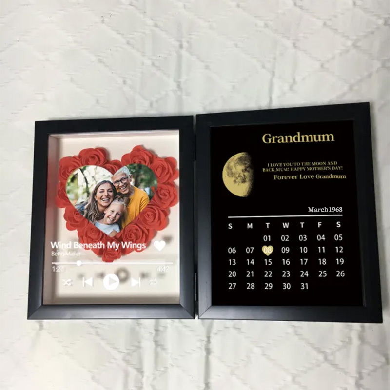(Heart With Song) Custom Flowers Frame for Mum Grandma with REAL MOON PHASE Calendar-forlovever