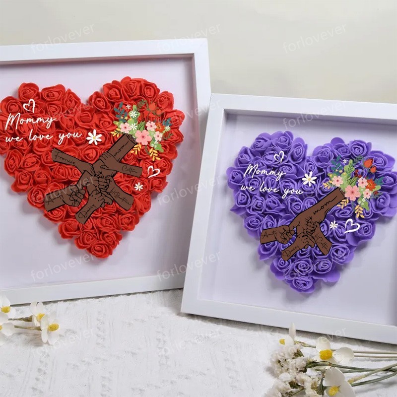 Personalized Flower Handprints Shadow Box For Mom Gift,Mom Heart Flower Shadow Box,Flower Mother Day,Gift for Mom, Grandma Nana, with Names-forlovever