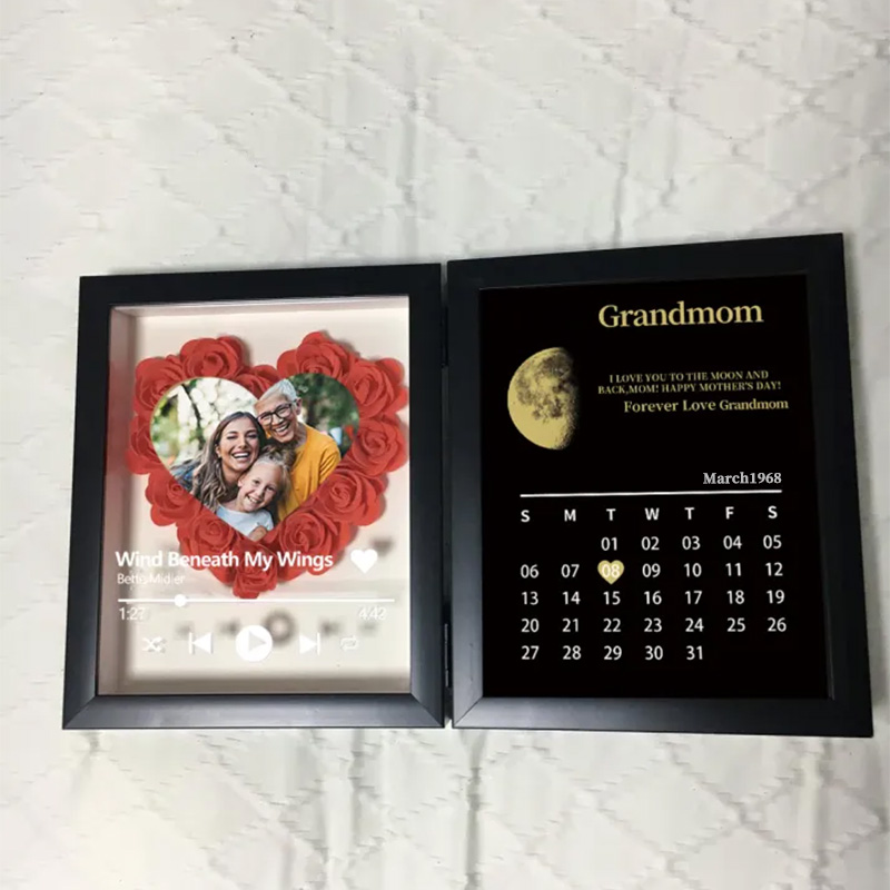 (Heart With Song) Custom Flowers Frame for Mum Grandma with REAL MOON PHASE Calendar-forlovever