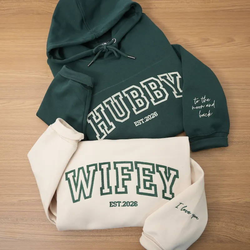 Custom Wifey and Hubby embroidered Hoodie-Personalized Couples Matching Sweatshirt