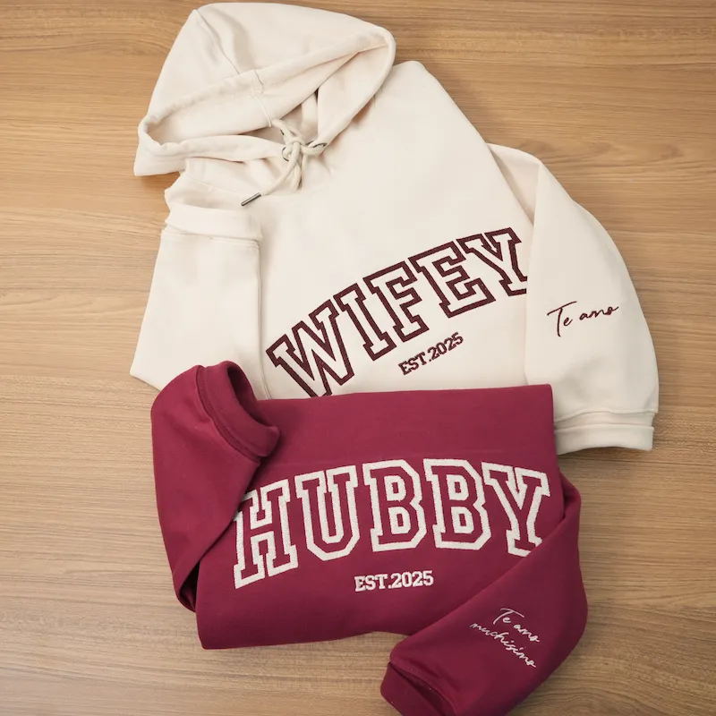 Custom Wifey and Hubby embroidered Hoodie-Personalized Couples Matching Sweatshirt