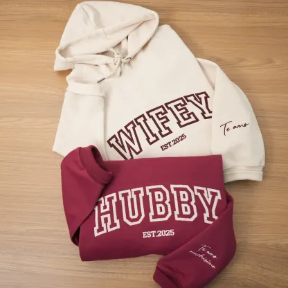 Custom Wifey and Hubby embroidered Hoodie-Personalized Couples Matching Sweatshirt