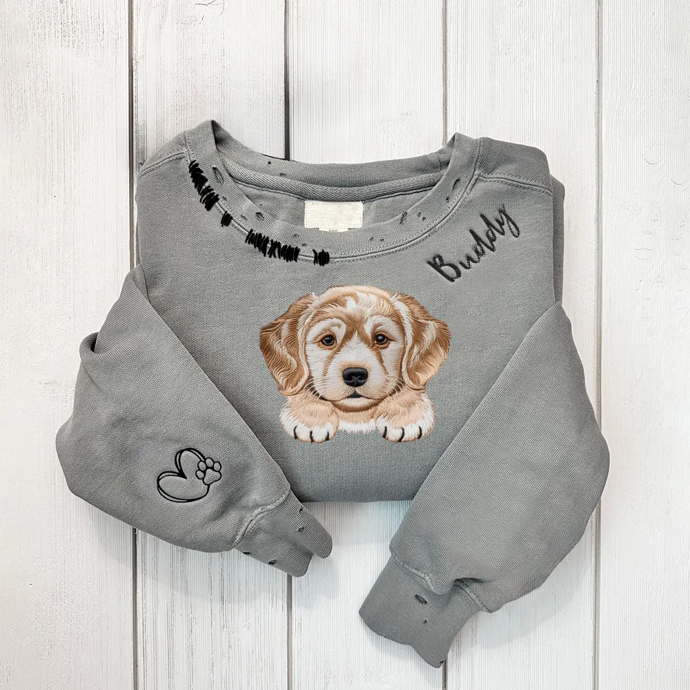 VINTAGE CUSTOM CREW-Custom Pet,Dog,Cat Face Outline/Full Color Embroidered Hand Distressed Crew Neck Sweatshirt 