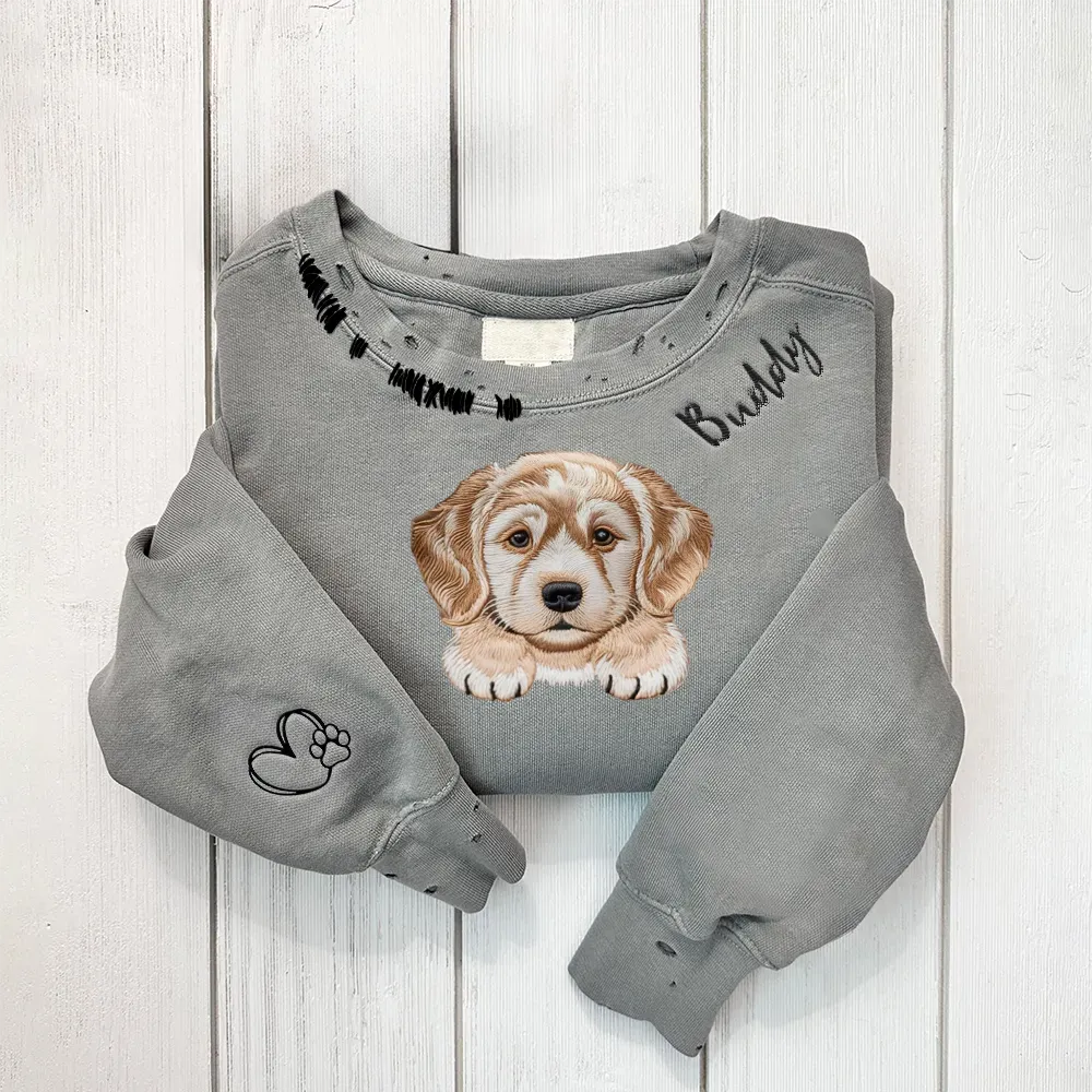 VINTAGE CUSTOM CREW-Custom Pet,Dog,Cat Face Outline/Full Color Embroidered Hand Distressed Crew Neck Sweatshirt 