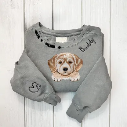 VINTAGE CUSTOM CREW-Custom Pet,Dog,Cat Face Outline/Full Color Embroidered Hand Distressed Crew Neck Sweatshirt 