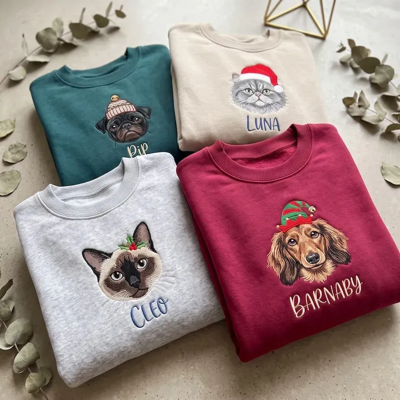 Personalized Pet Christmas Sweatshirt — Embroidered Dog or Cat Portrait with Holiday Hat