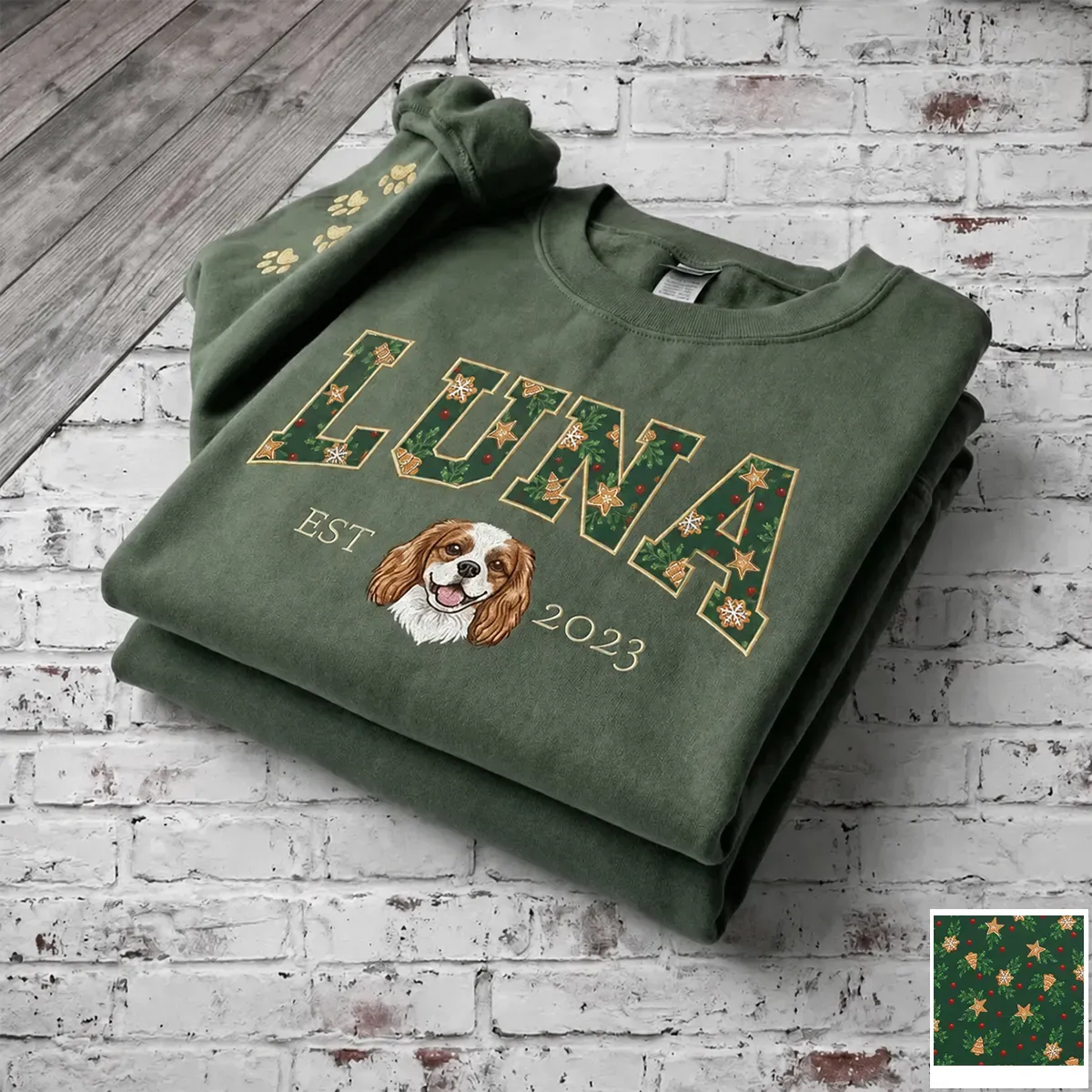Custom Pet Portrait Embroidered Sweatshirt with Christmas Festive Name Applique