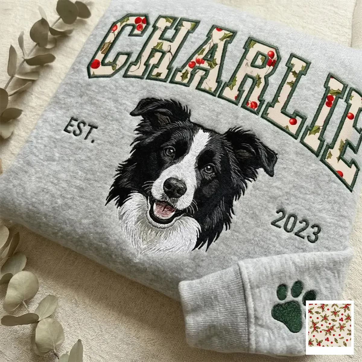 Custom Pet Portrait Embroidered Sweatshirt with Christmas Festive Name Applique