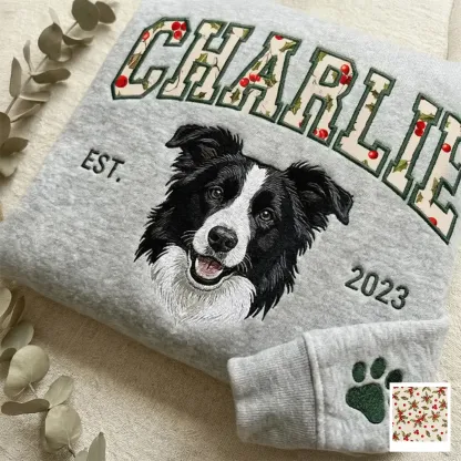 Custom Pet Portrait Embroidered Sweatshirt with Christmas Festive Name Applique