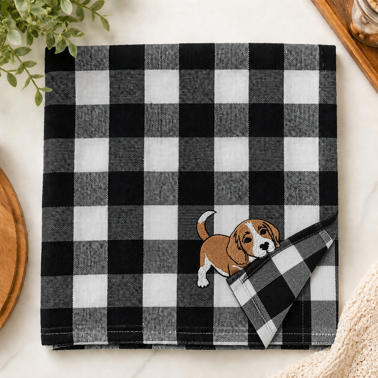 Custom Pet Portrait Beagle Puppy Plaid Kitchen Towel Personalized Dog Lover Gift