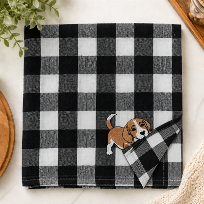 Custom Pet Portrait Beagle Puppy Plaid Kitchen Towel Personalized Dog Lover Gift