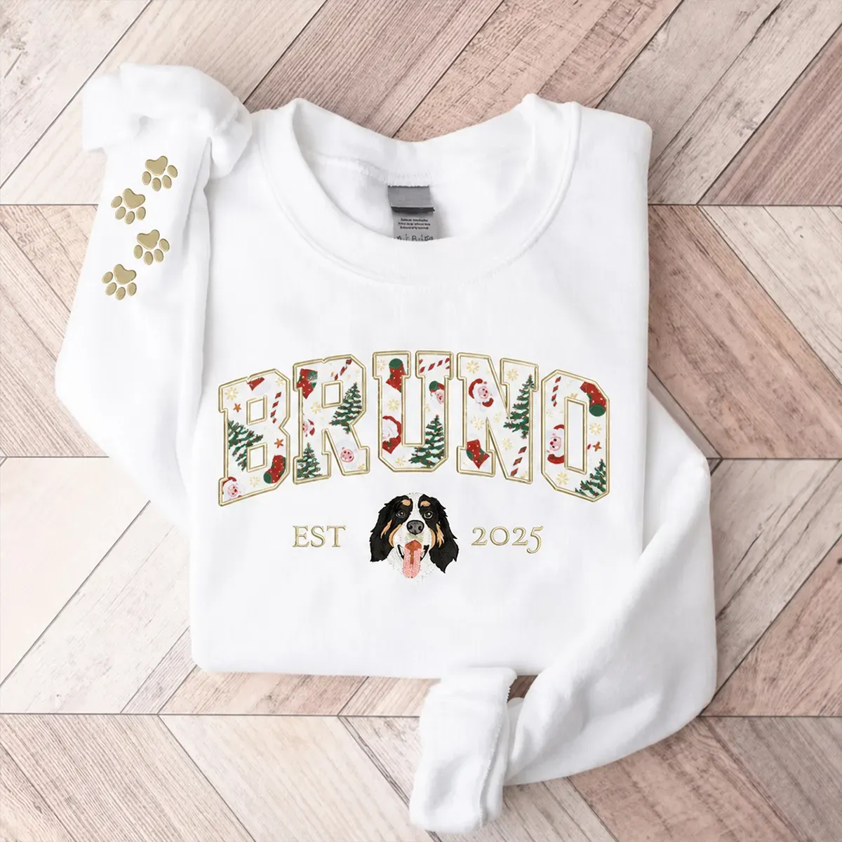 Custom Pet Portrait Embroidered Sweatshirt with Christmas Festive Name Applique