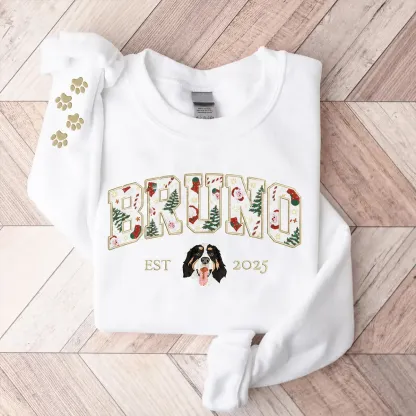 Custom Pet Portrait Embroidered Sweatshirt with Christmas Festive Name Applique