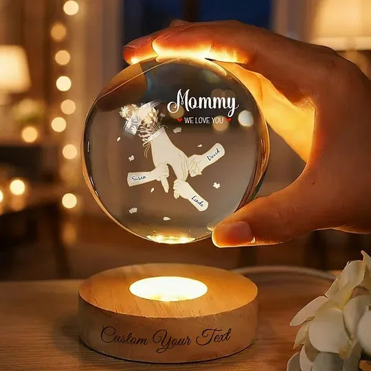 Holding Mommy's Hand and We Love You - Child's Name Lamp, Crystal 3D Ball Lamp