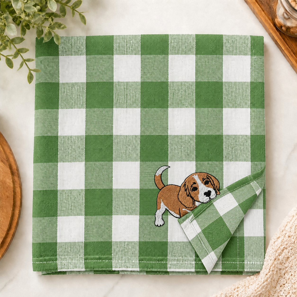Custom Pet Portrait Beagle Puppy Plaid Kitchen Towel Personalized Dog Lover Gift
