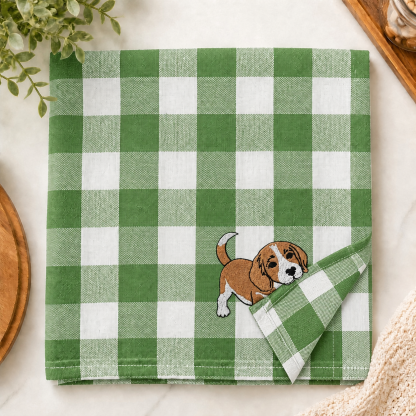 Custom Pet Portrait Beagle Puppy Plaid Kitchen Towel Personalized Dog Lover Gift