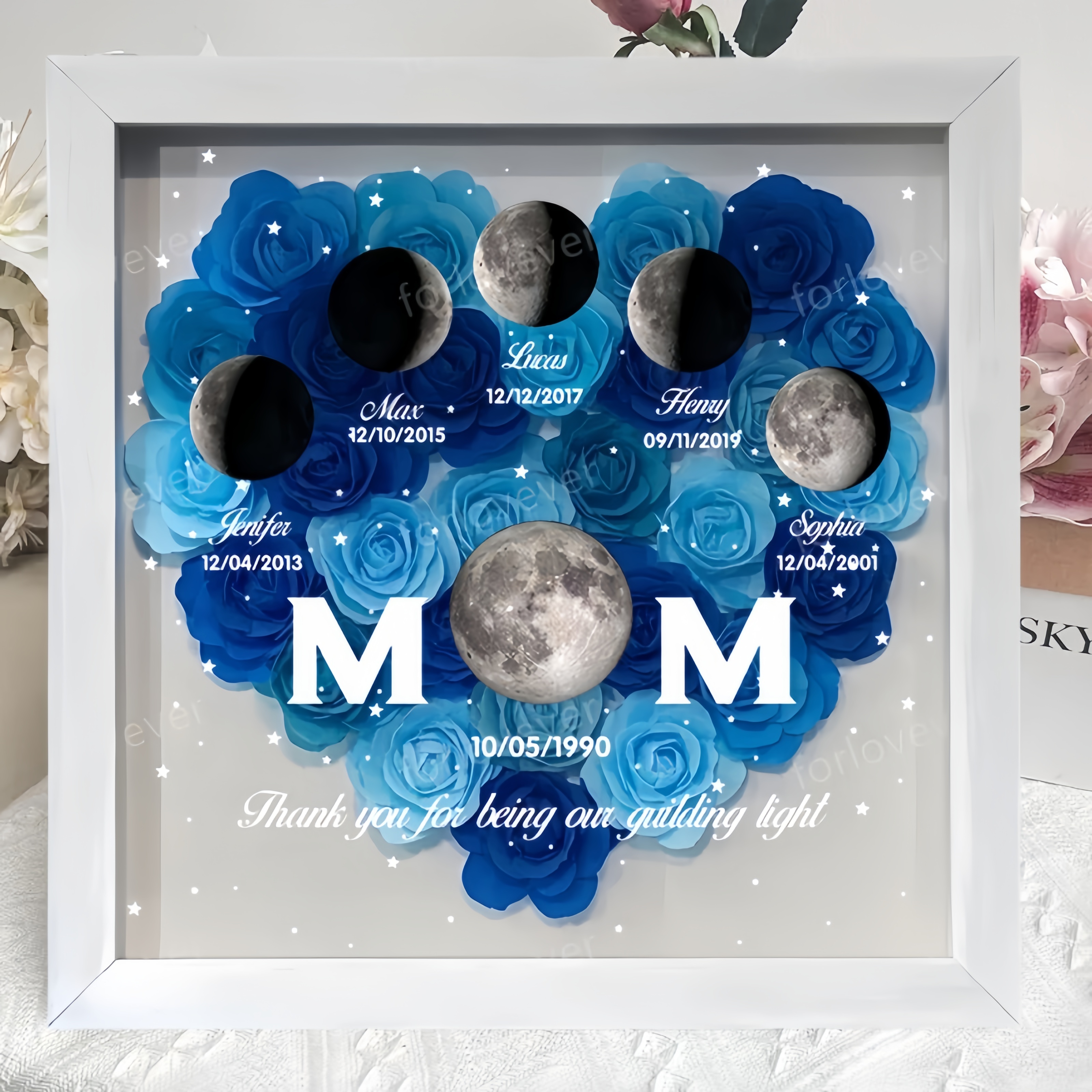 Mummy's Universe - Personalised Customised Starry Moon Phase Flower Shadow Box-forlovever