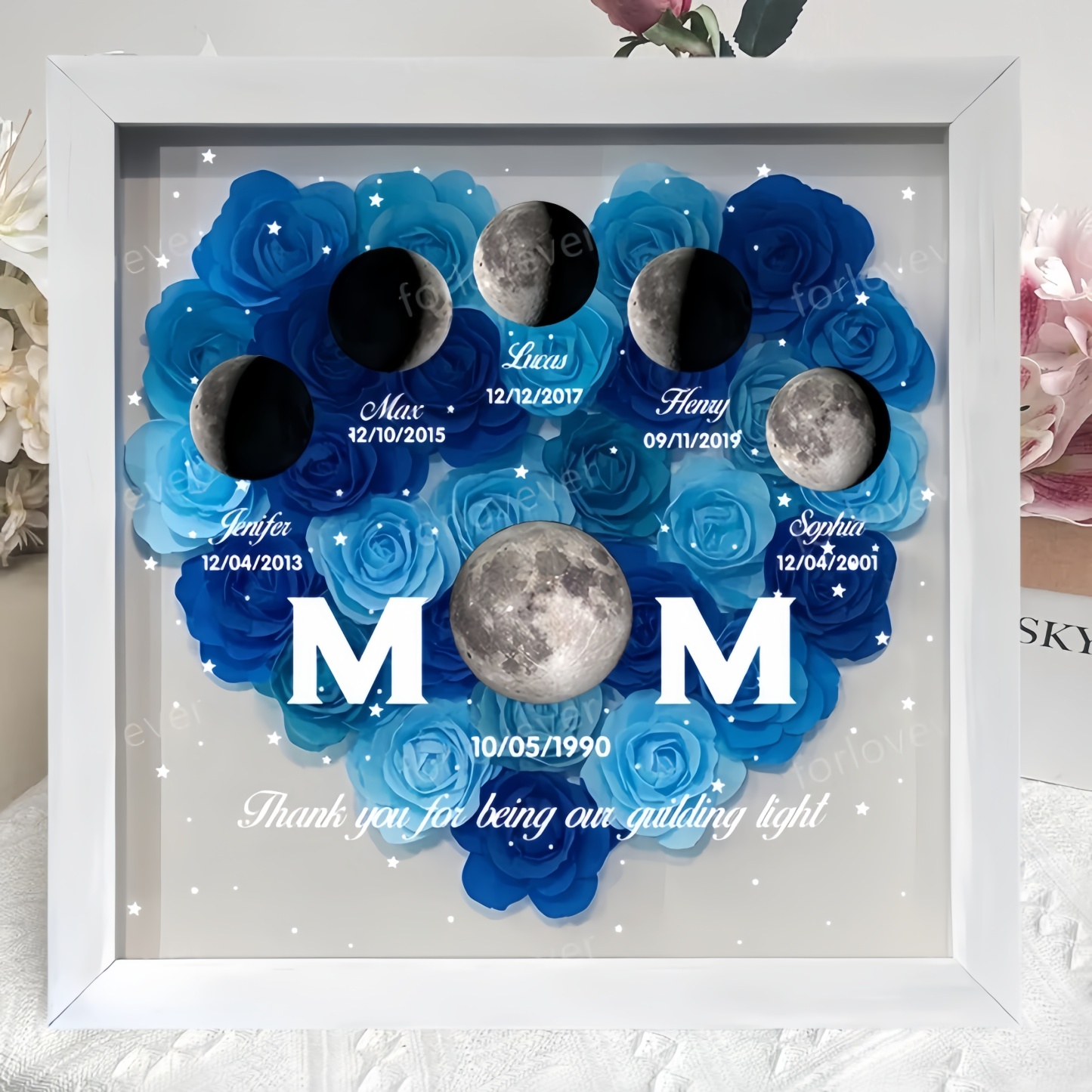 Mummy's Universe - Personalised Customised Starry Moon Phase Flower Shadow Box-forlovever