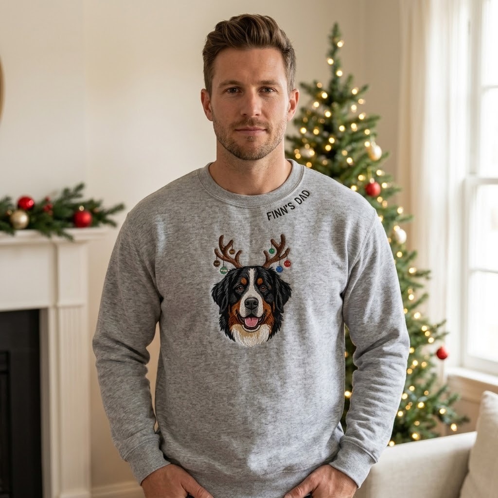 Embroidered Pet Portrait Christmas Sweatshirt, Reindeer Dog Crewneck, Custom Dog Mom Dad Holiday Sweater