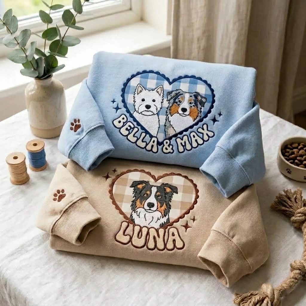 Custom Pet Portrait Christmas Sweatshirt With Heart Shape, Personalized Pet Name Gingham Pullover