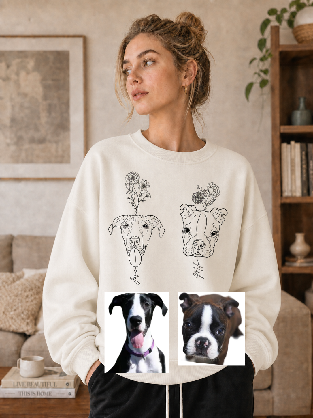 Custom Pet Portrait Birth Flower Print Sweatshirt | Personalized Fine Line Pet Art Memorial Crewneck
