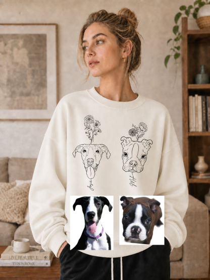 Custom Pet Portrait Birth Flower Print Sweatshirt | Personalized Fine Line Pet Art Memorial Crewneck
