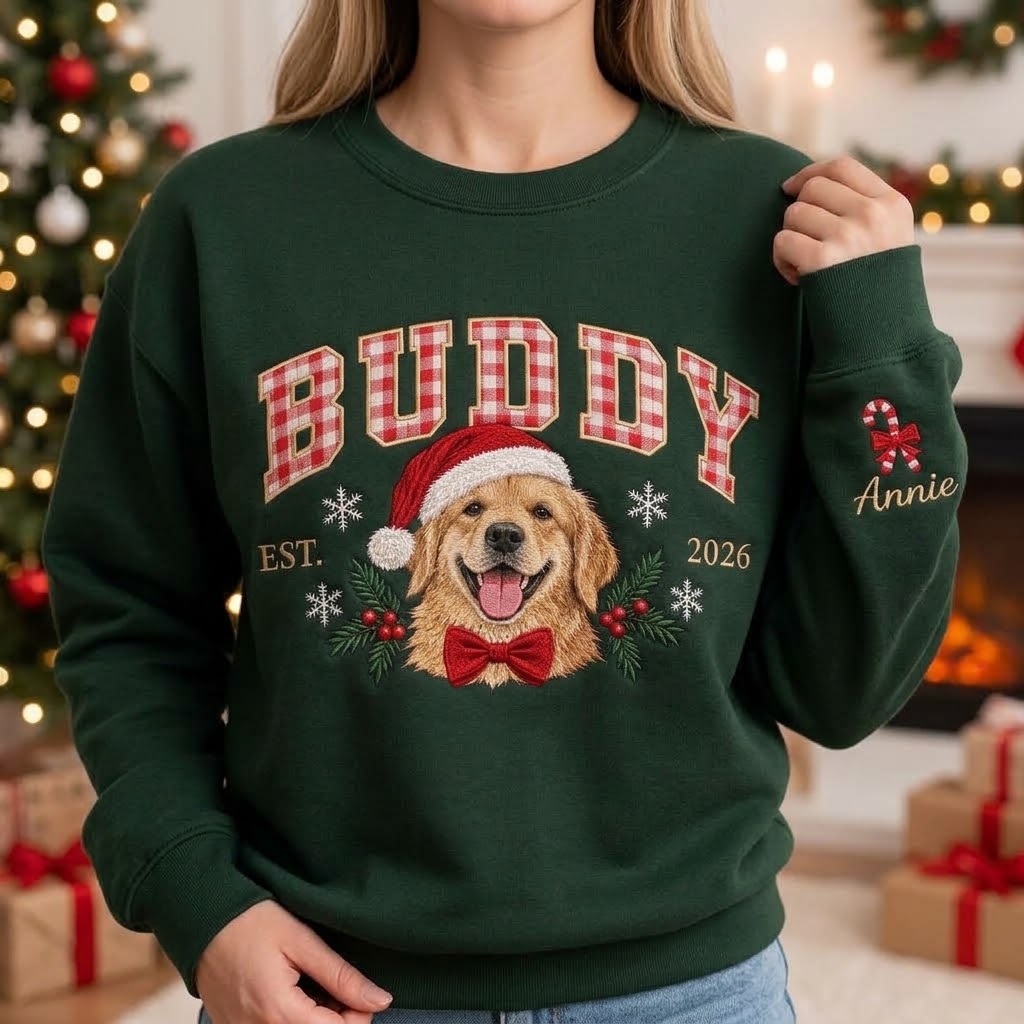 Full Color Embroidered Custom Pet with Photo Christmas Sweatshirt