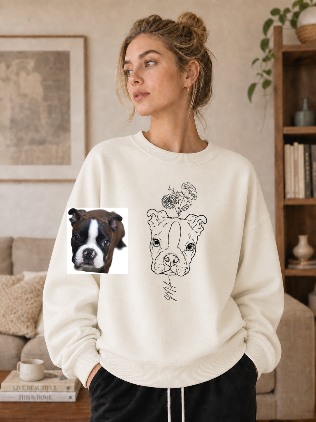 Custom Pet Portrait Birth Flower Print Sweatshirt | Personalized Fine Line Pet Art Memorial Crewneck