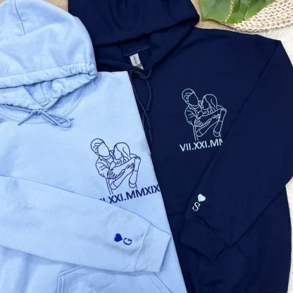Forlovever Custom Couple Photo Outline Embroidered Roman Numeral Anniversary T-Shirt Sweatshirt Hoodie