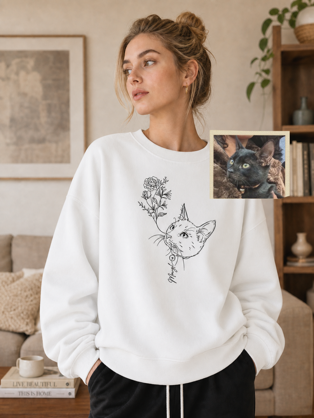 Custom Pet Portrait Birth Flower Print Sweatshirt | Personalized Fine Line Pet Art Memorial Crewneck