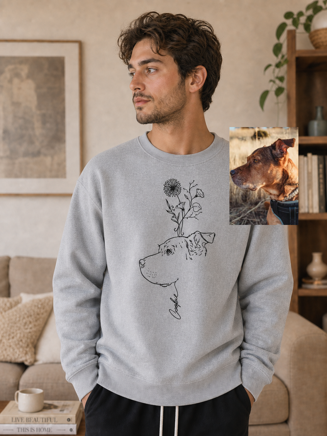 Custom Pet Portrait Birth Flower Print Sweatshirt | Personalized Fine Line Pet Art Memorial Crewneck