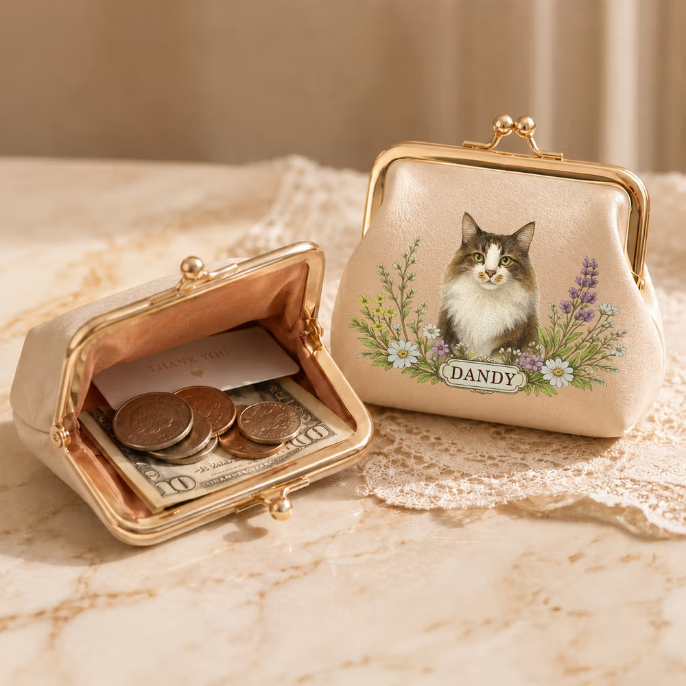Personalized Floral Pet Photo Portable PU Leather Coin Purse with Name and Kiss Lock Travel Essential Birthday Gift for Dog Cat Pet Owner Lovers