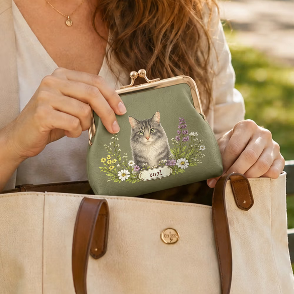 Personalized Floral Pet Photo Portable PU Leather Coin Purse with Name and Kiss Lock Travel Essential Birthday Gift for Dog Cat Pet Owner Lovers