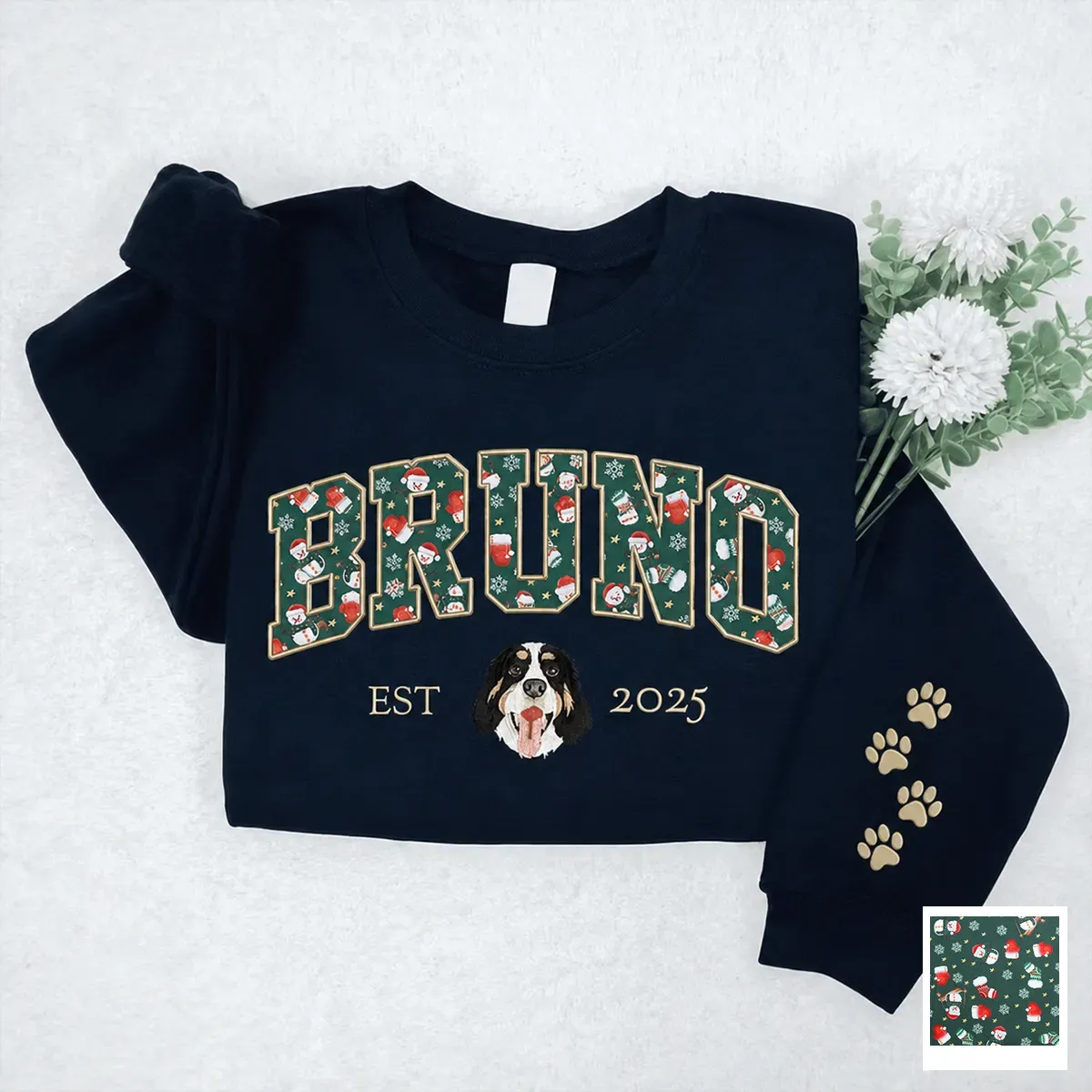 Custom Pet Portrait Embroidered Sweatshirt with Christmas Festive Name Applique