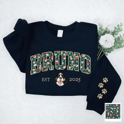Custom Pet Portrait Embroidered Sweatshirt with Christmas Festive Name Applique
