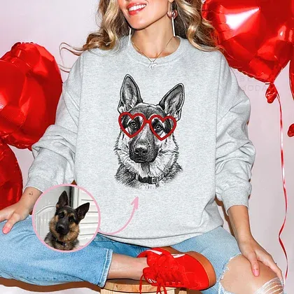 Custom Pet Valentine’s Day Sweatshirt - Personalized Dog/Cat Heart Glasses Graphic Sweats