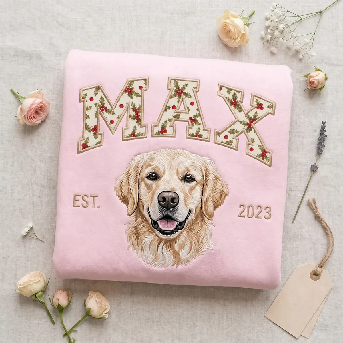 Custom Pet Portrait Embroidered Sweatshirt with Christmas Festive Name Applique