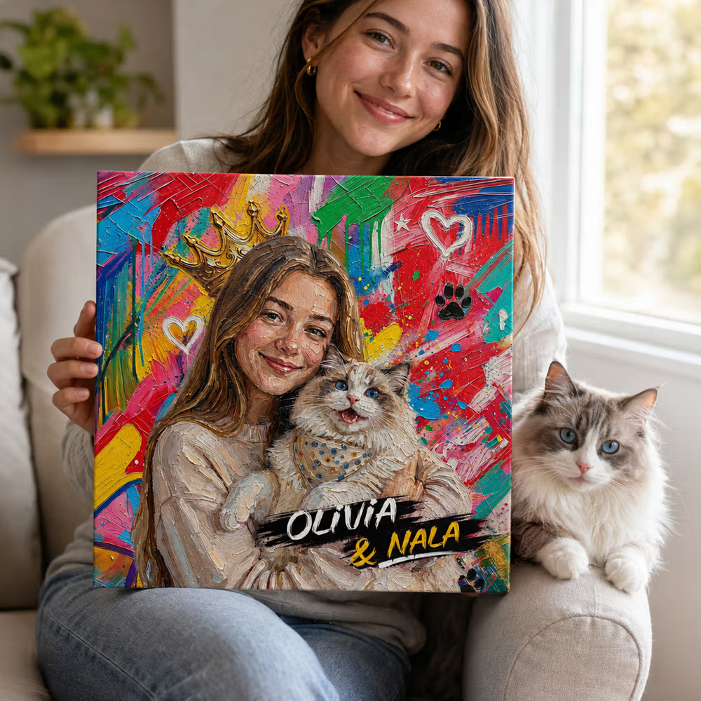 Personalized Graffiti Oil Painting Style Pet and Owner Photo Canvas Prints with Name Wall Decor Ship from USA Birthday Pet Party Gift for Pet Lovers