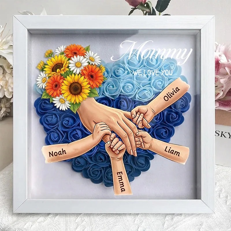 Forlovever™ Sunflower Personalized Mom Holding Hands Memorial Shadow Box – Custom Name Remembrance Frame, Mother’s Day In Loving Memory Gift