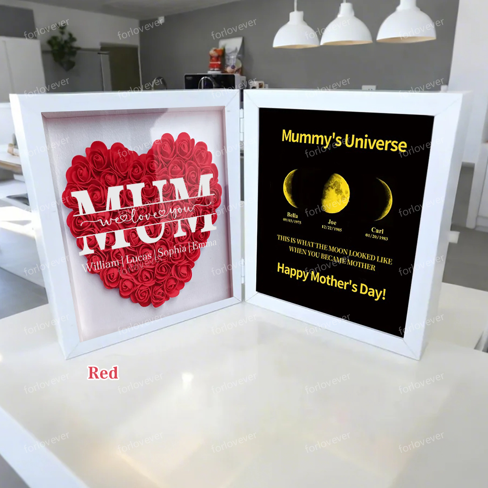 Mum We Love You With REAL MOON PHASE Anniversary Calendar - Mummy's Universe Personalized Heart Shape Flower Shadow Box-forlovever