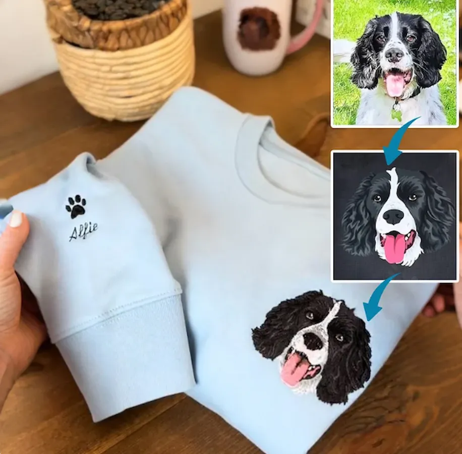 Full Color Pet Portrait Embroidered Sweatshirt,Custom Dog, Cat & Horse Face with Name/Date