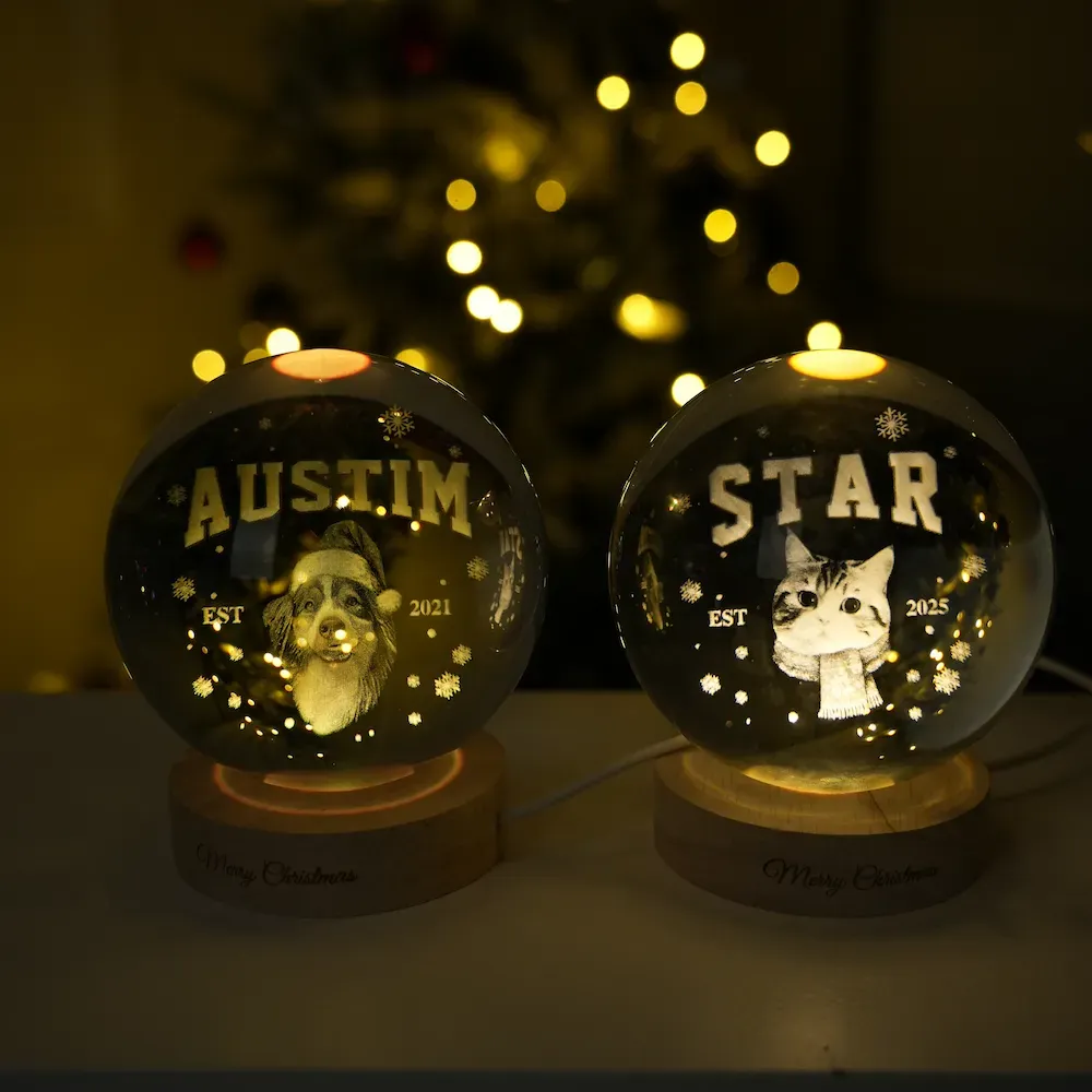 Customized pet face photo Est Year Christmas-themed crystal ball night light