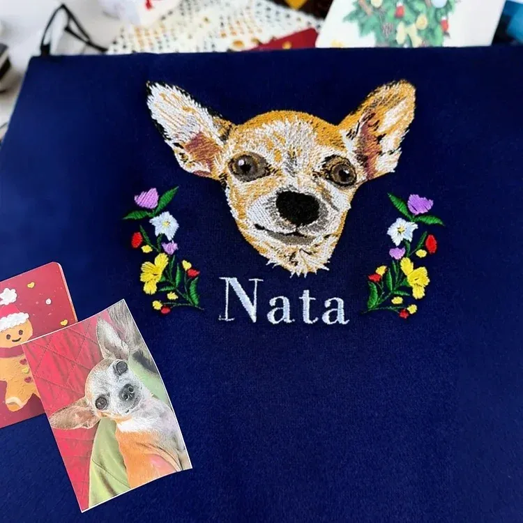 Personalized Embroidered Hoodie, Custom Dog Portrait in Full-Color with Floral wreath Design