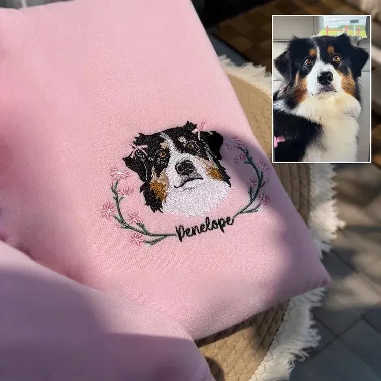 Personalized Embroidered Hoodie, Custom Dog Portrait in Full-Color with Floral wreath Design