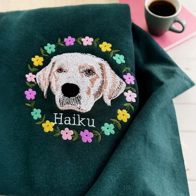 Personalized Embroidered Hoodie, Custom Dog Portrait in Full-Color with Floral wreath Design