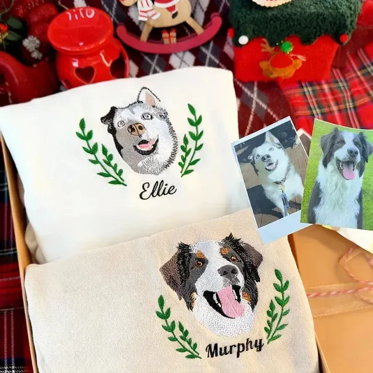 Personalized Embroidered Hoodie, Custom Dog Portrait in Full-Color with Floral wreath Design