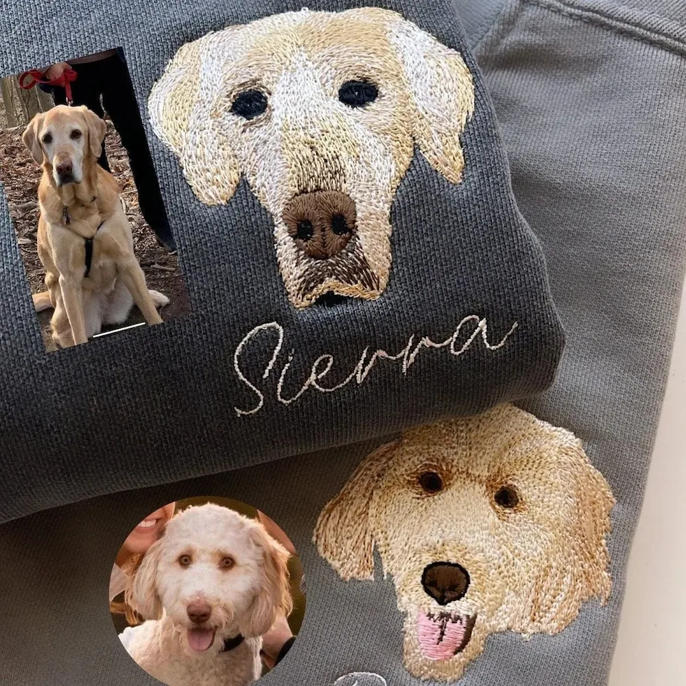 Full Color Pet Portrait Embroidered Sweatshirt,Custom Dog, Cat & Horse Face with Name/Date