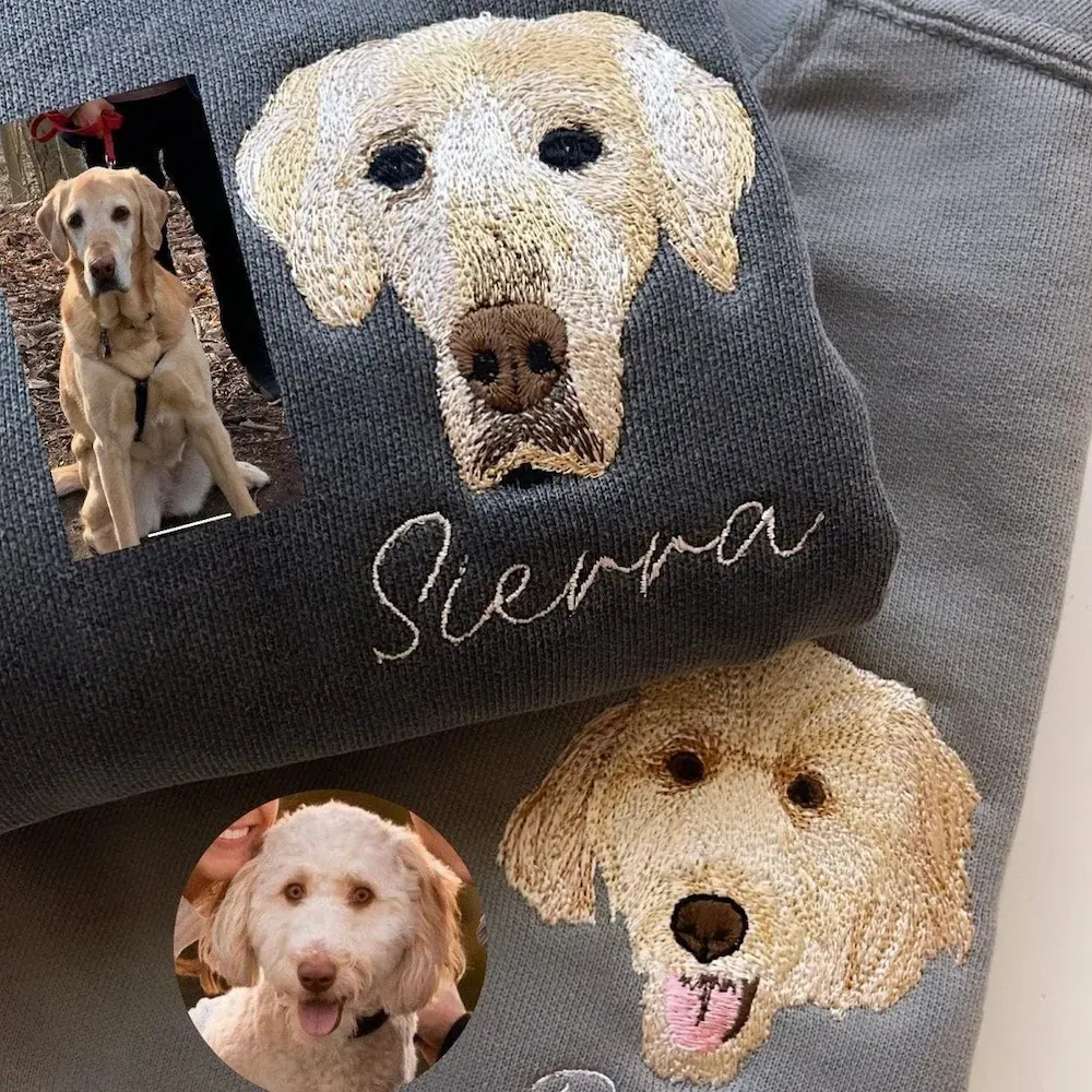 Full Color Pet Portrait Embroidered Sweatshirt,Custom Dog, Cat & Horse Face with Name/Date